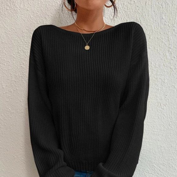 Black Crossover Back Beaded Pearls Pullover Sweater - Picture 2 of 4